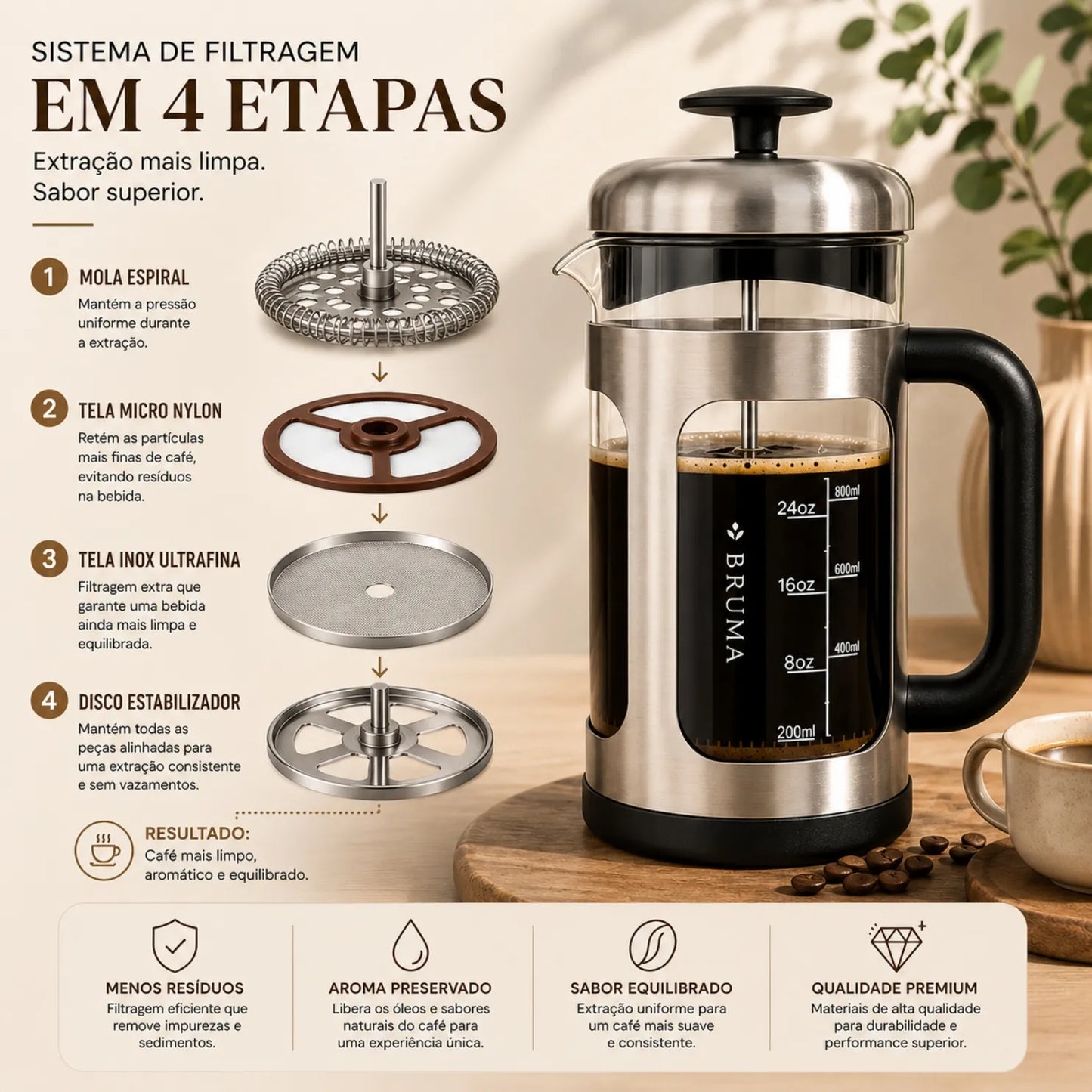 Prensa Francesa de Vidro para Café Bruma Prata