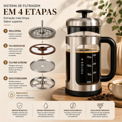 Prensa Francesa de Vidro para Café Bruma Prata