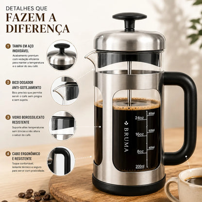 Prensa Francesa de Vidro para Café Bruma Prata