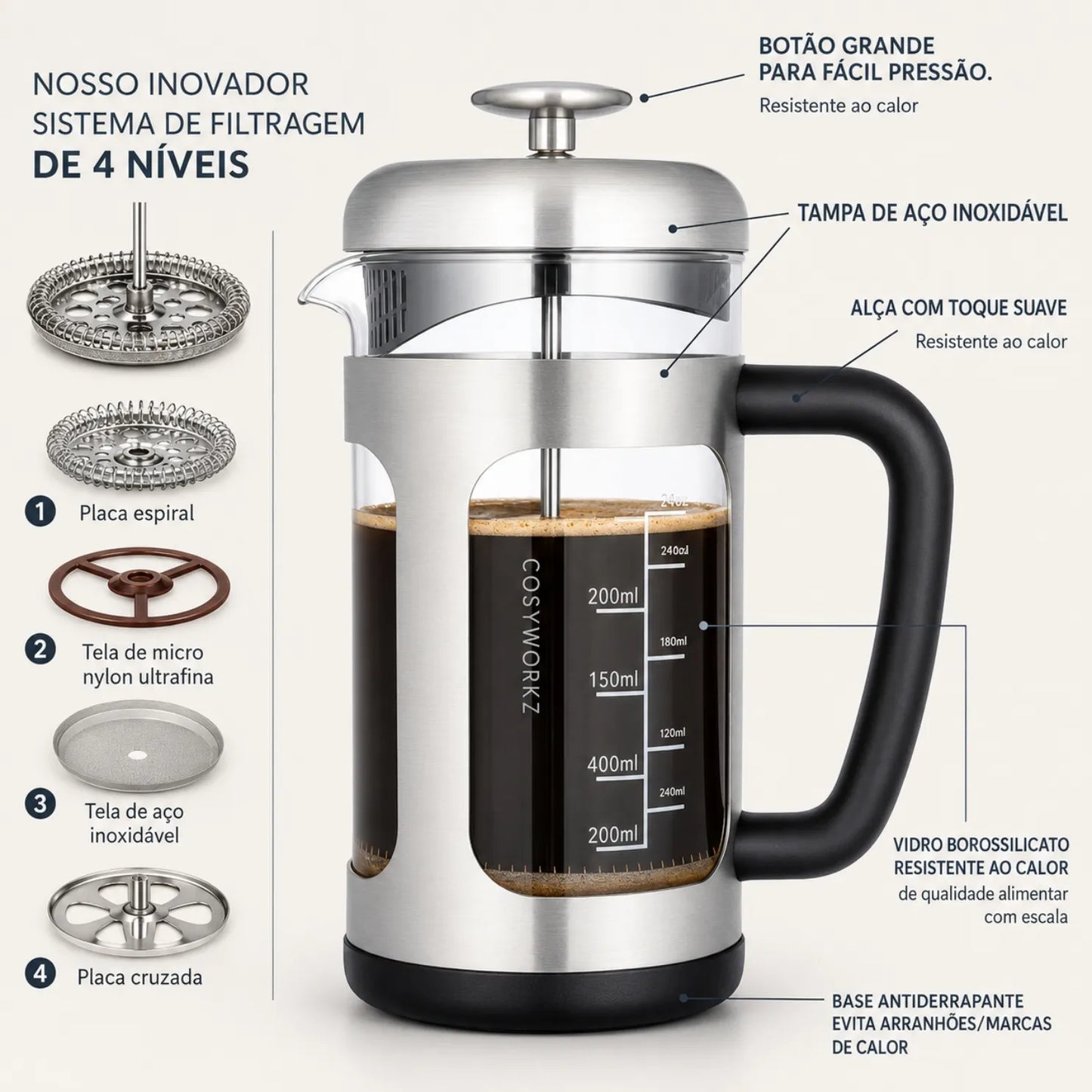 Prensa Francesa de Vidro para Café Bruma Prata