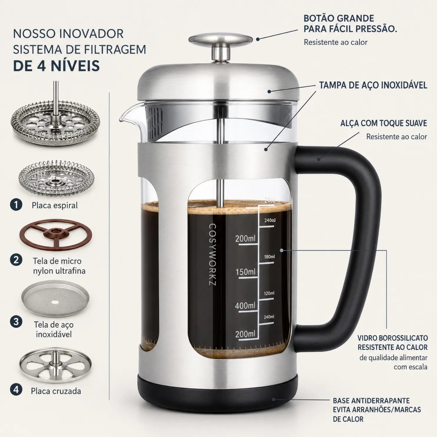 Prensa Francesa de Vidro para Café Bruma Prata