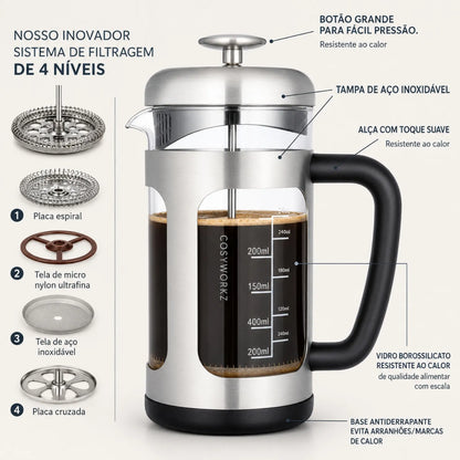 Prensa Francesa de Vidro para Café Bruma Prata