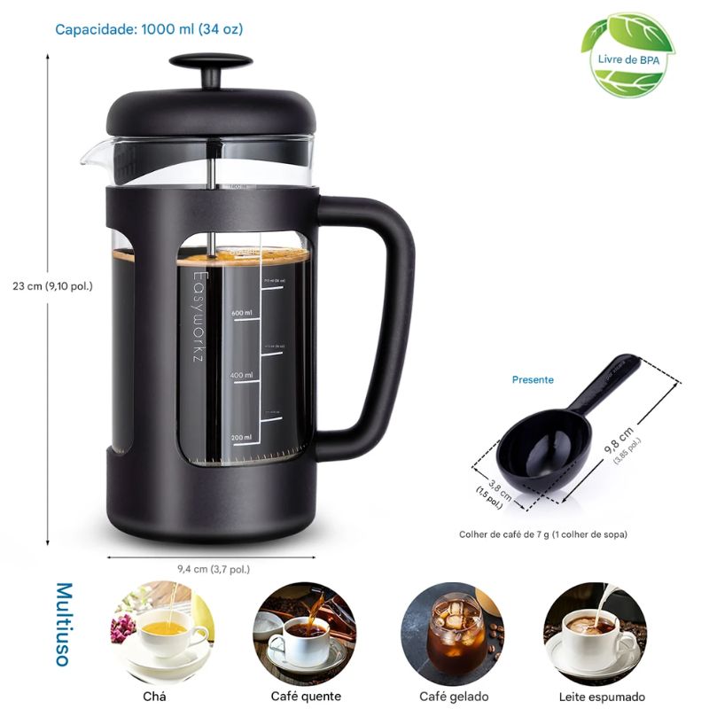 Prensa Francesa de Vidro para Café 1000ml