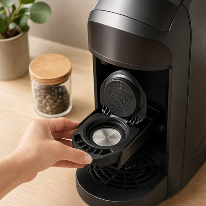 Adaptador de Cápsula Reutilizável Compatível com Dolce Gusto sendo encaixado em máquina compatível