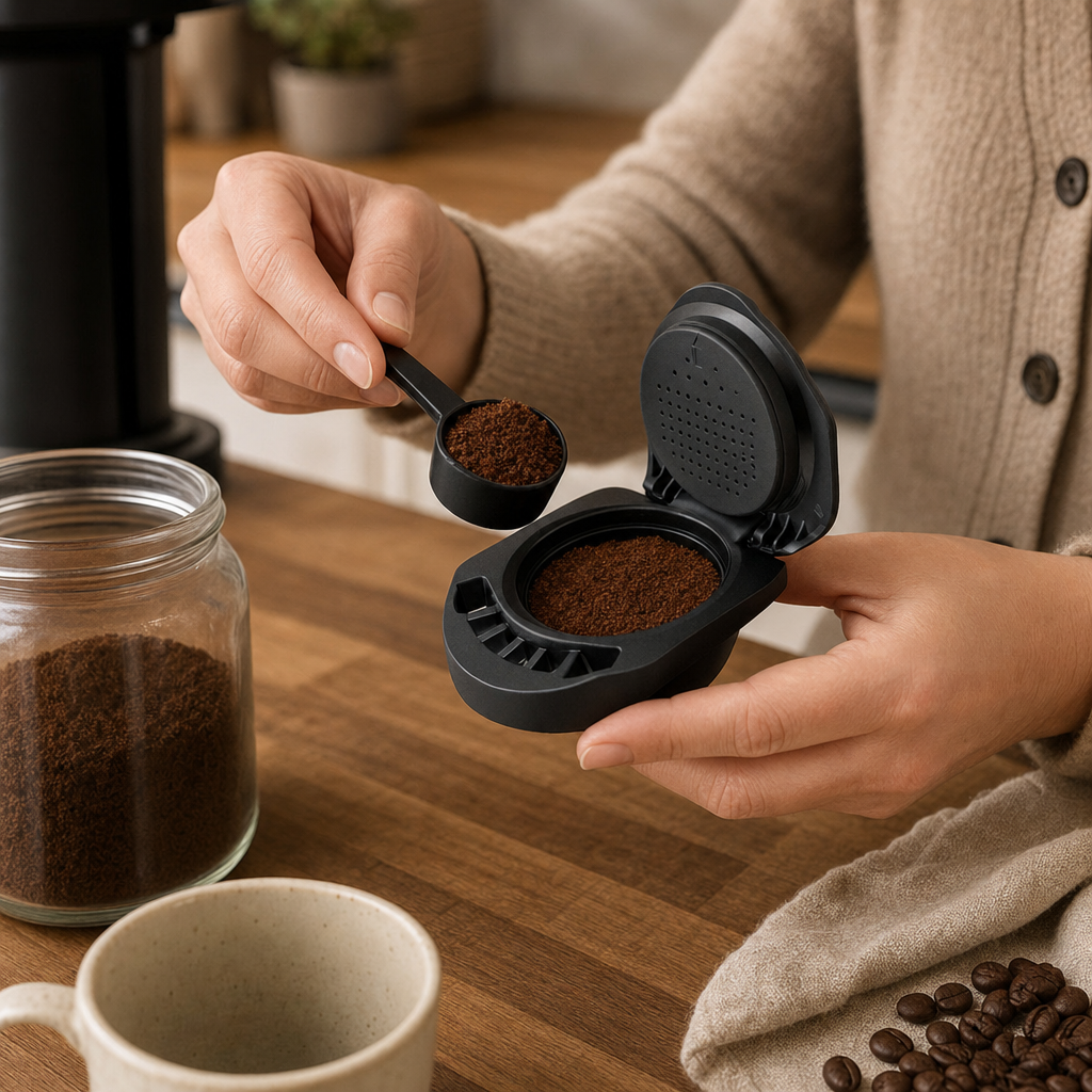 Pessoa abastecendo o Adaptador de Cápsula Reutilizável Compatível com Dolce Gusto com café moído