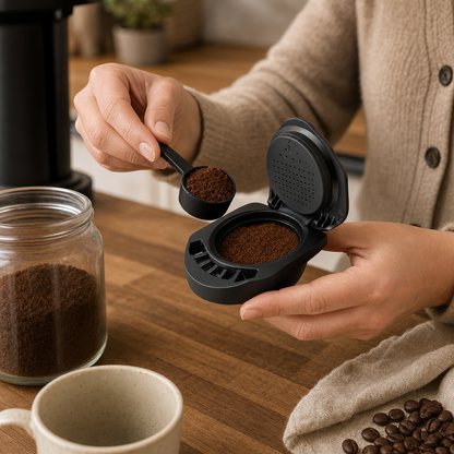 Pessoa abastecendo o Adaptador de Cápsula Reutilizável Compatível com Dolce Gusto com café moído