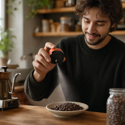Pessoa usando o Atomizador de Café Antiestático 20ml Bruma Nebbia nos grãos