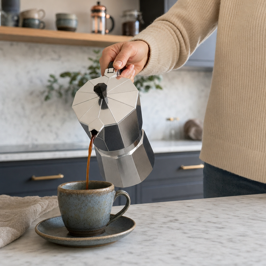 Cafeteira Italiana de Alumínio Bruma Belluno servindo café