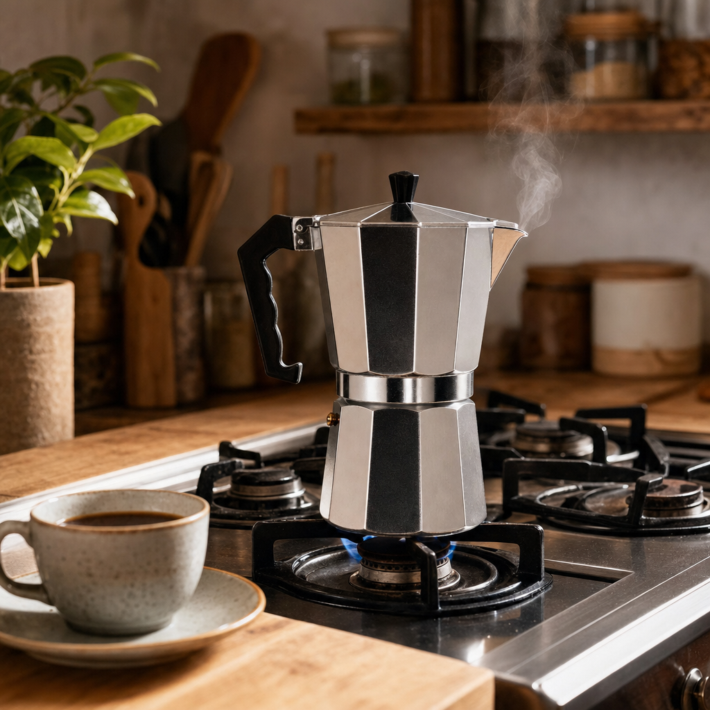 Cafeteira Italiana de Alumínio Bruma Belluno preparando café no fogão