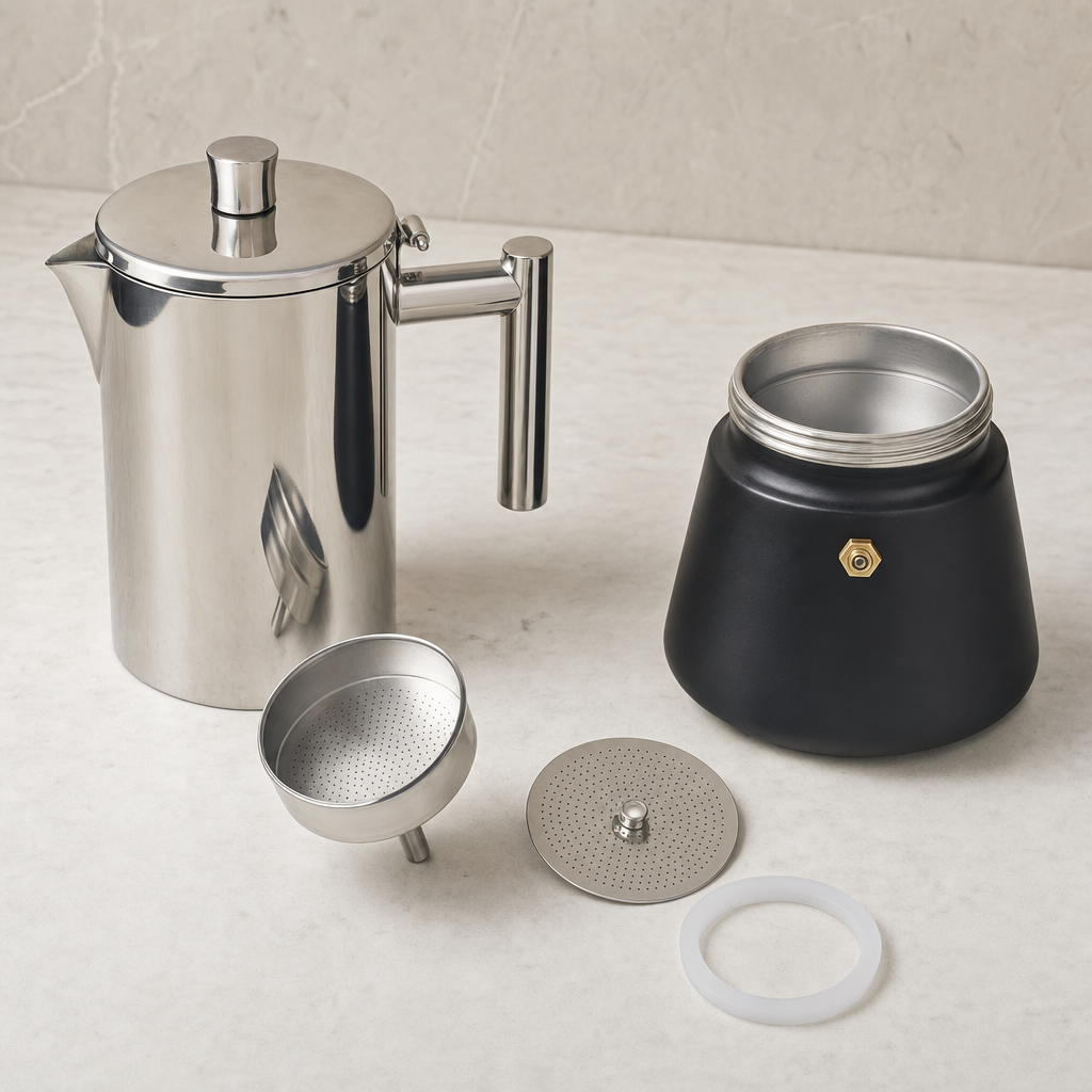 Componentes internos da Cafeteira Italiana de Inox Bruma Ravena