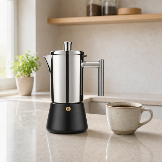 Cafeteira italiana de inox para fogão e indução Bruma Ravena em bancada premium