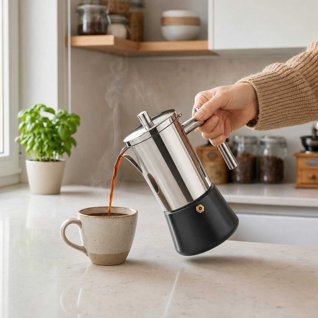Cafeteira Italiana de Inox Bruma Ravena servindo café moka encorpado