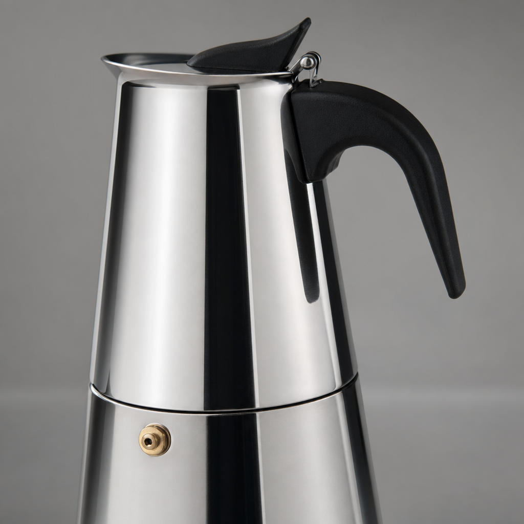 Detalhe do inox e válvula da Cafeteira Italiana Bruma Avelino