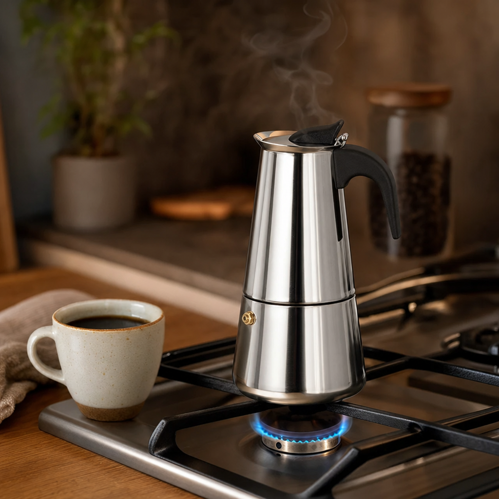 Cafeteira Italiana em Inox Bruma Avelino preparando café no fogão