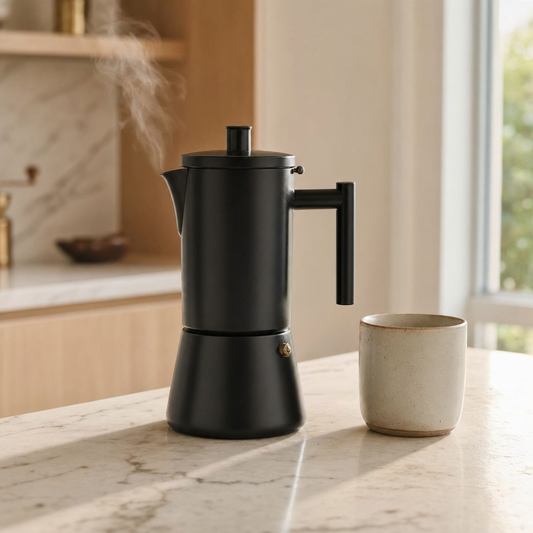 Cafeteira Italiana Expresso Bruma Tradizione preta em bancada premium