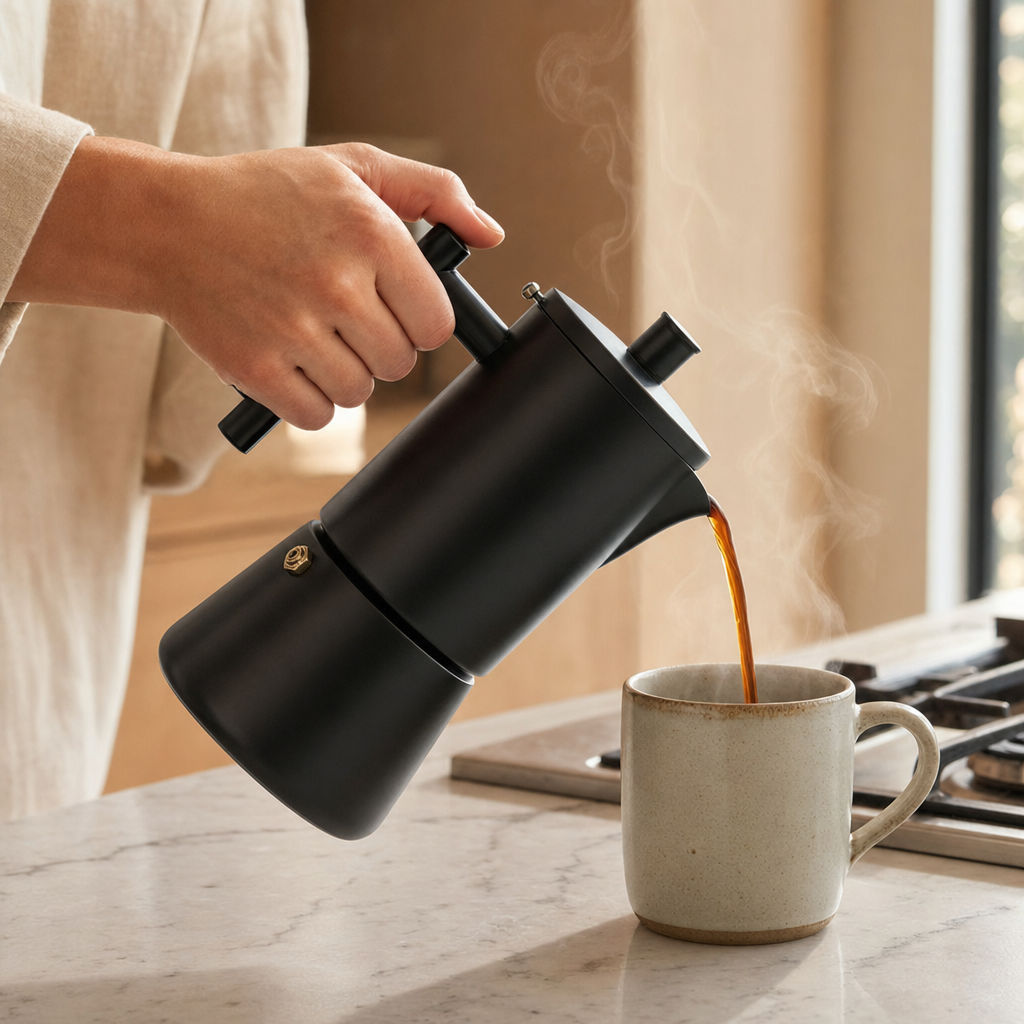 Cafeteira Italiana Expresso Bruma Tradizione servindo café moka