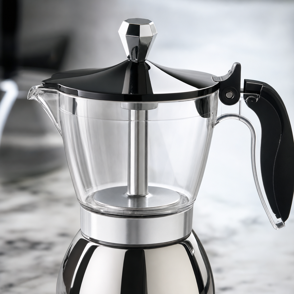 Cafeteira Italiana Moka em Aço Inox Bruma Milano - Detalhe do inox e vidro