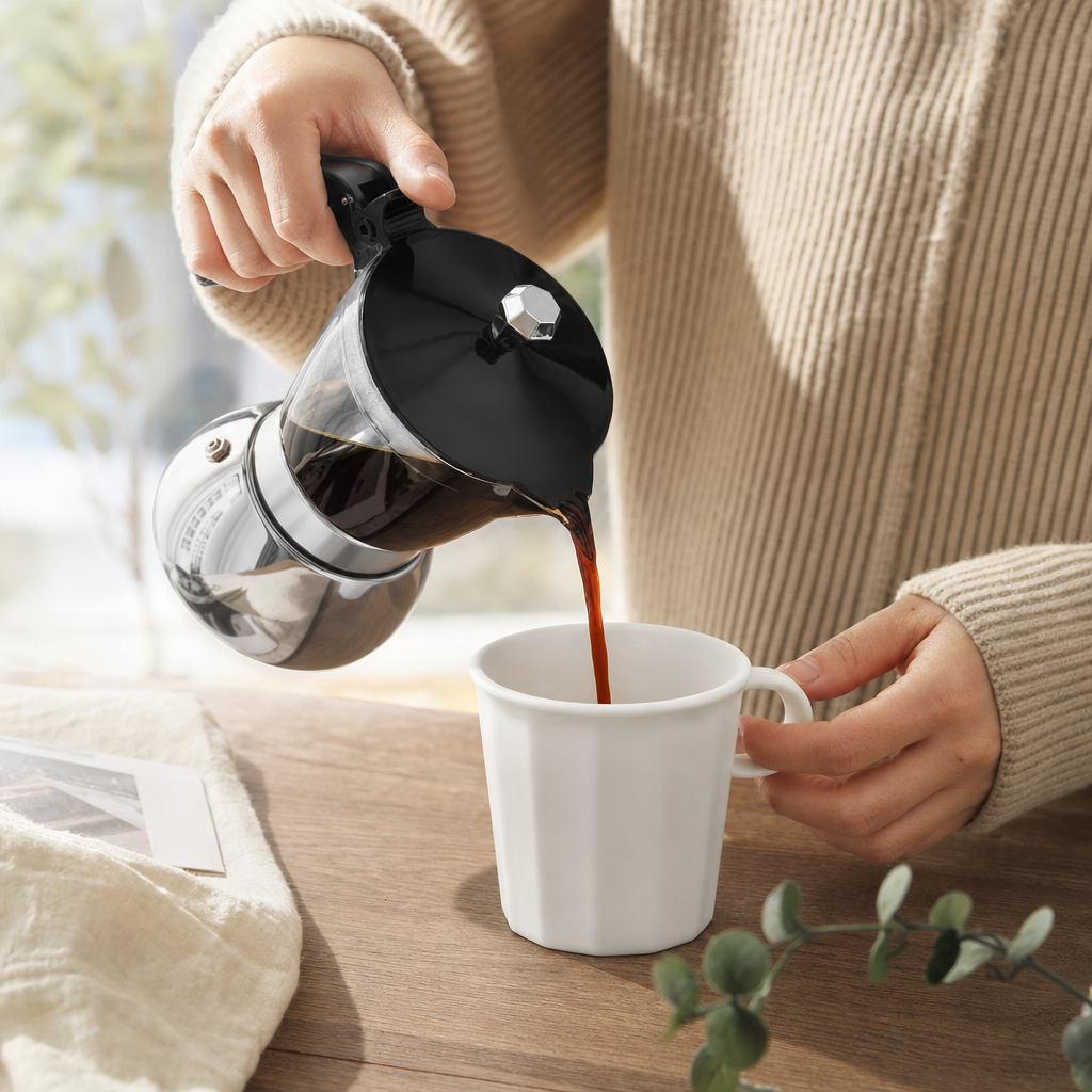 Cafeteira Italiana Moka em Aço Inox Bruma Milano - Pessoa usando
