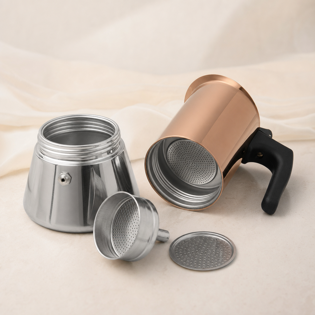 Cafeteira Italiana Moka Inox Premium Bruma Rose Gold - Detalhe das peças internas