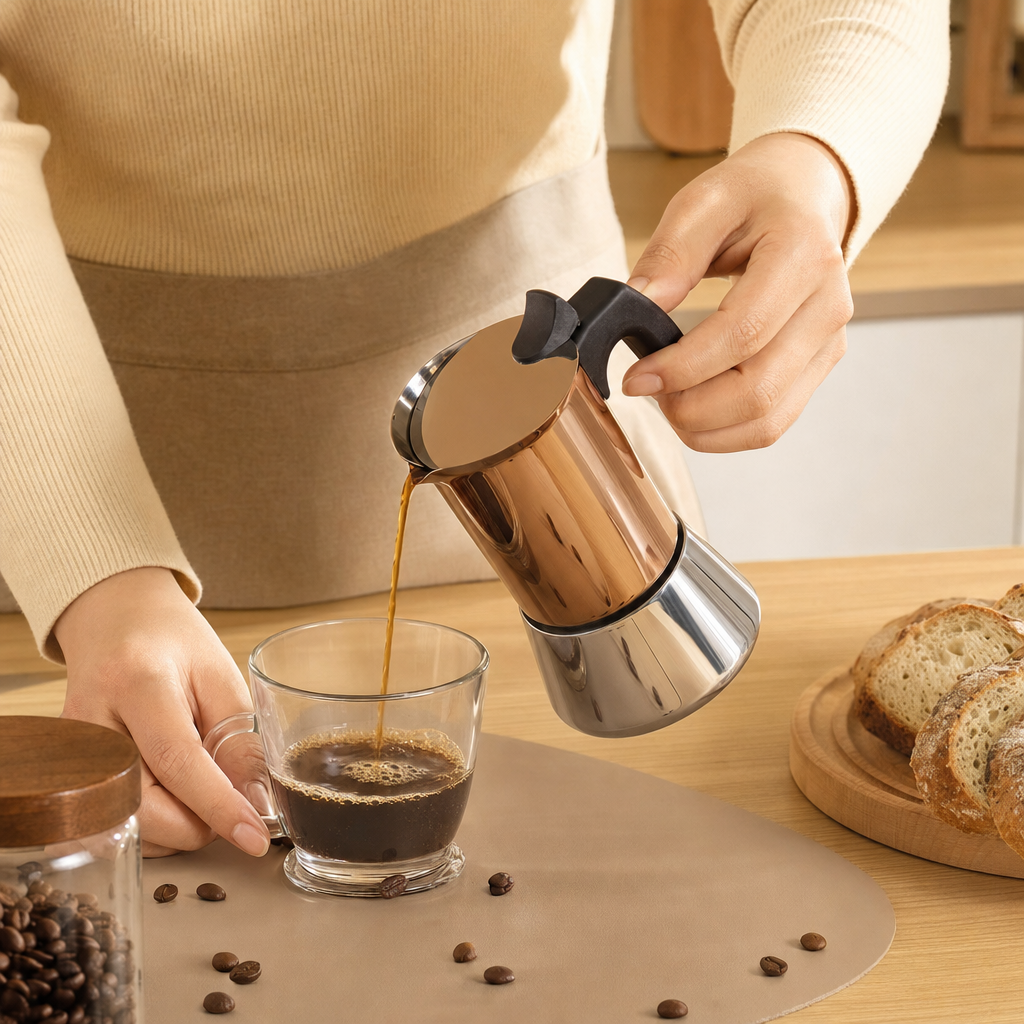 Cafeteira Italiana Moka Inox Premium Bruma Rose Gold - Pessoa usando