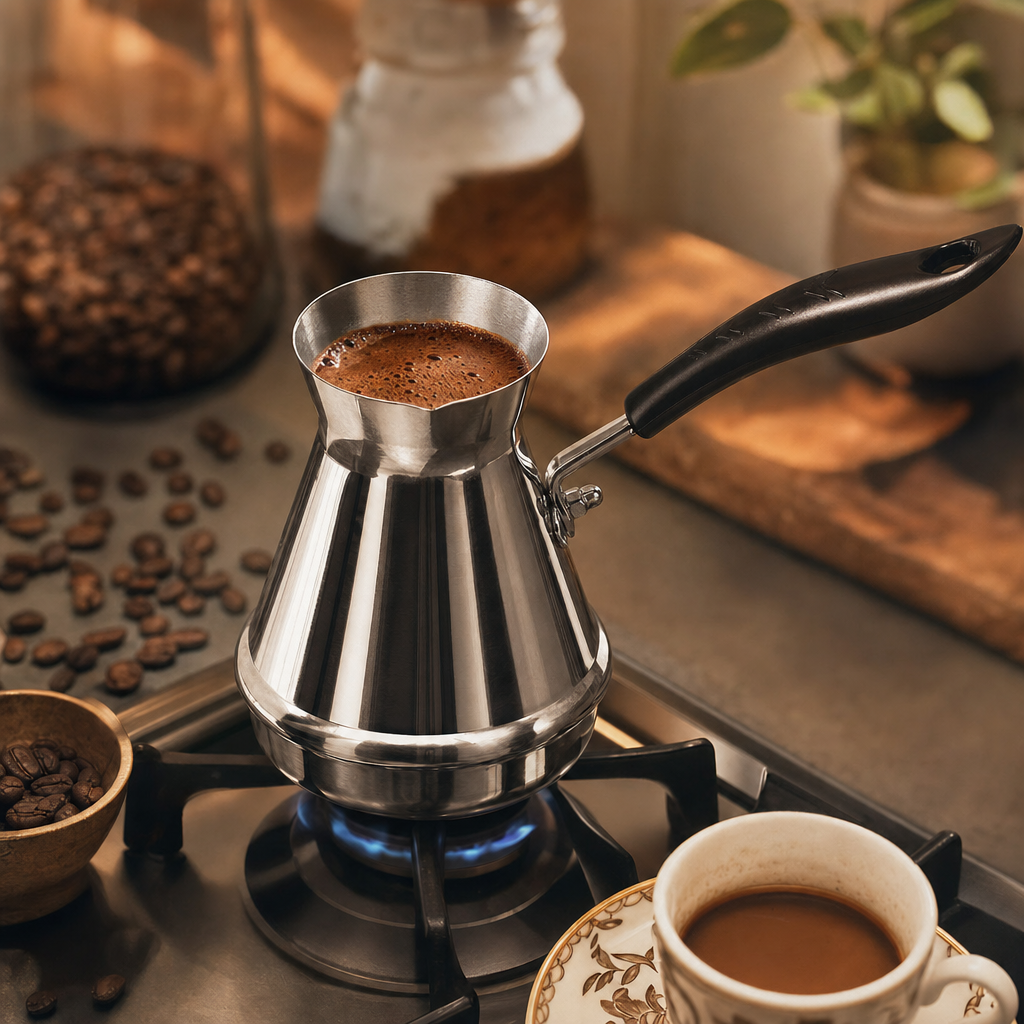 Café turco cremoso na Cafeteira de Inox com Cabo Longo Bruma