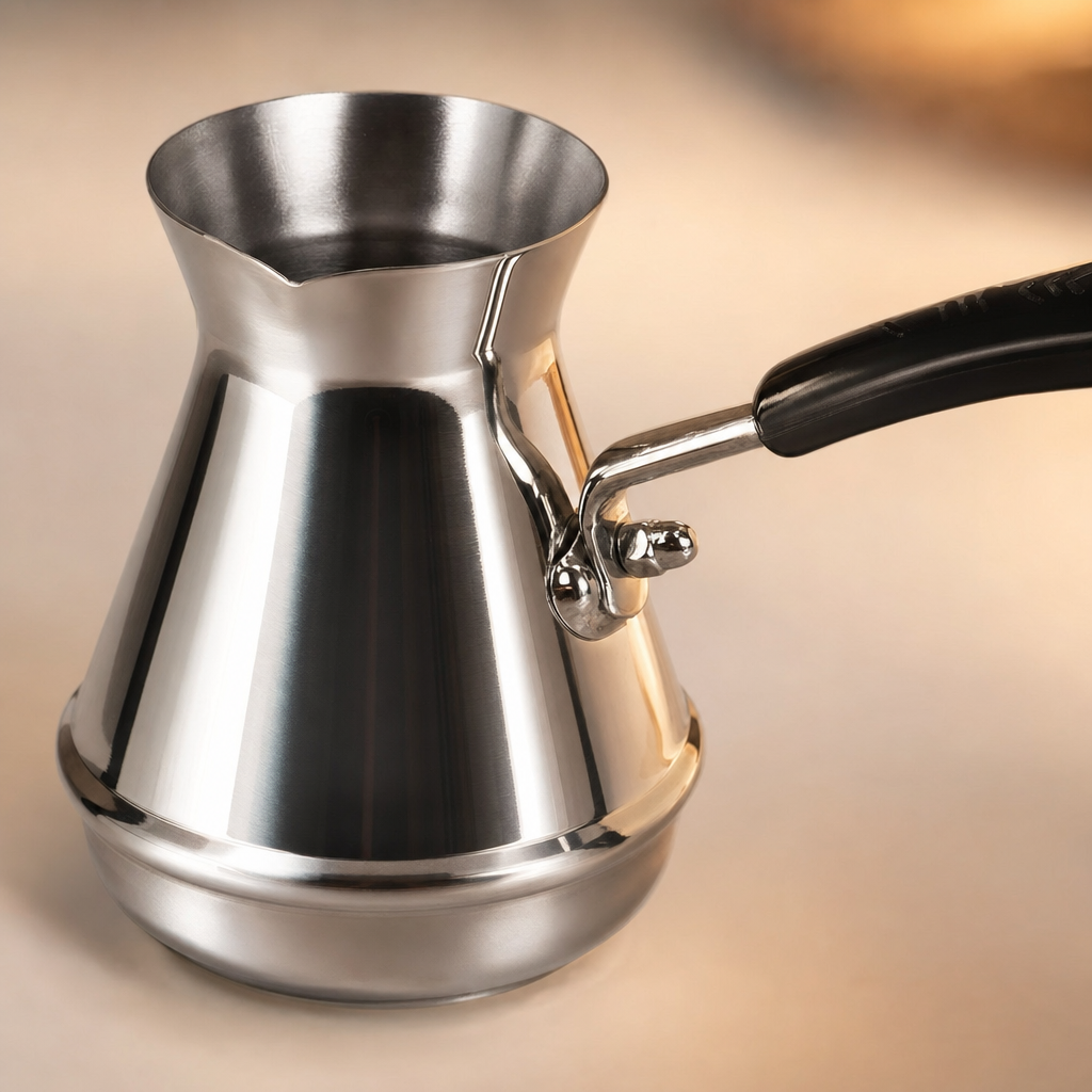 Detalhe do bico e cabo longo da Cafeteira Turca de Inox Bruma