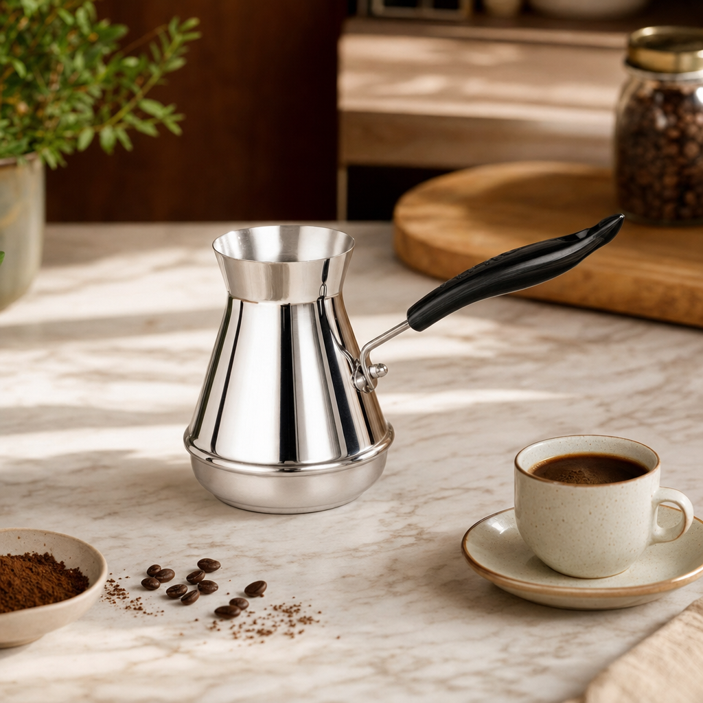 Cafeteira Turca de Inox com Cabo Longo Bruma em bancada premium