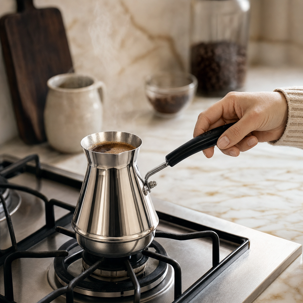 Cafeteira Turca de Inox com Cabo Longo Bruma preparando café no fogão