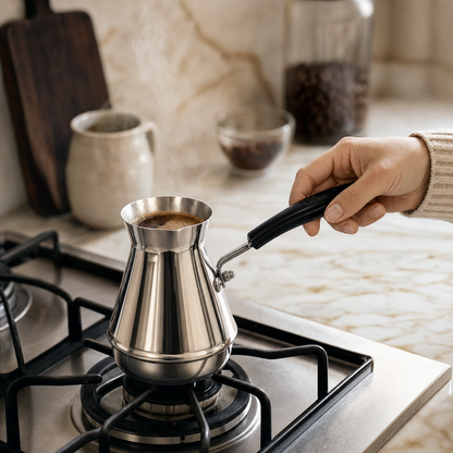Cafeteira Turca de Inox com Cabo Longo Bruma preparando café no fogão
