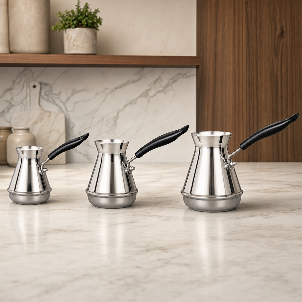 Cafeteira Turca de Inox com Cabo Longo Bruma nos tamanhos 350ml 500ml e 650ml