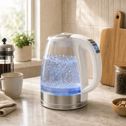 Chaleira Elétrica de Vidro Branca Bruma com LED azul em bancada premium
