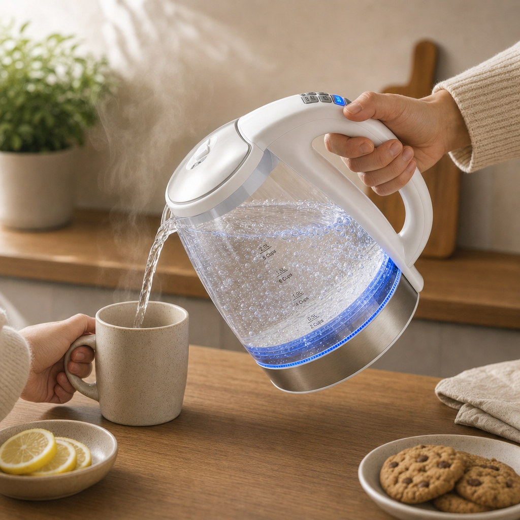 Chaleira Elétrica de Vidro Branca Bruma servindo água quente
