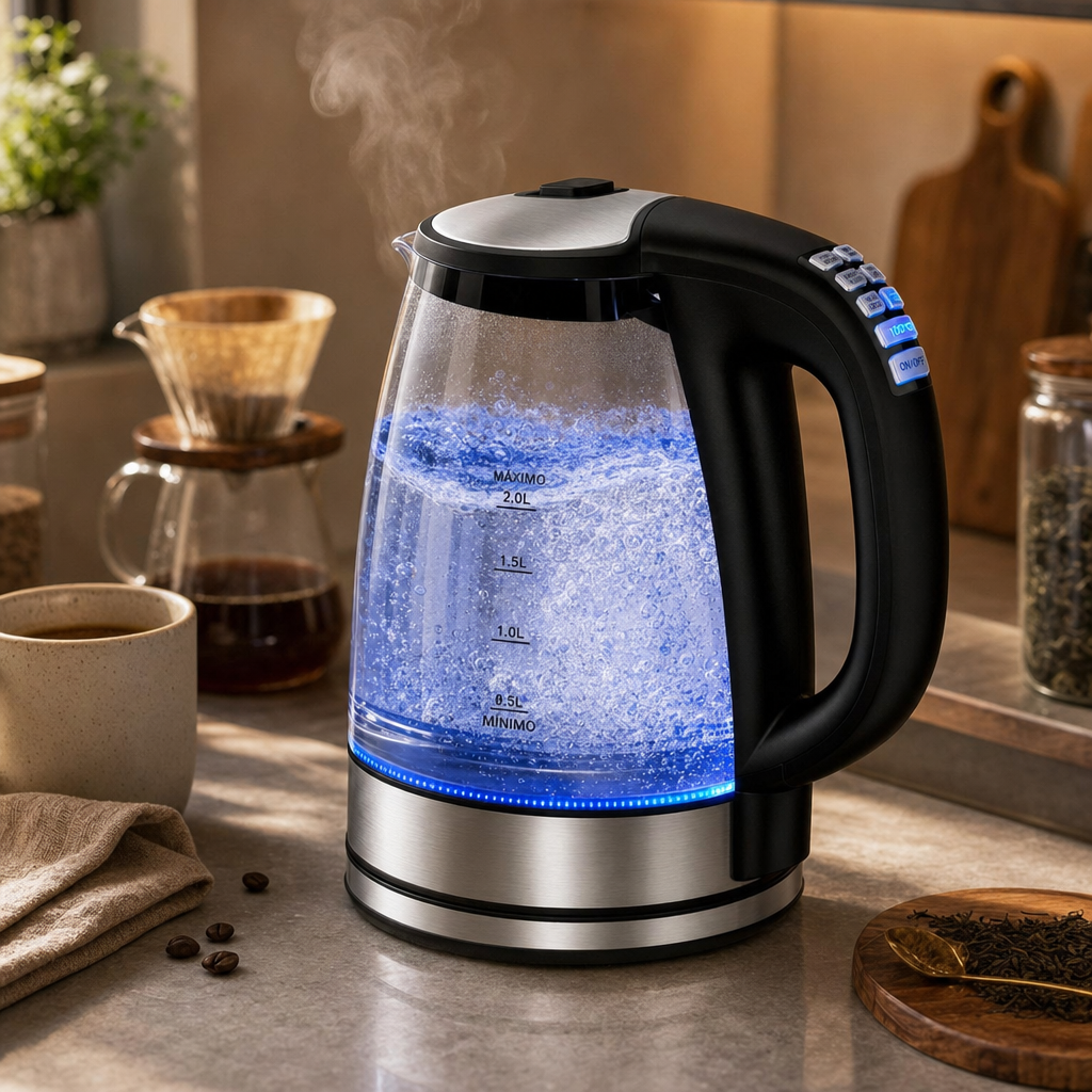 Chaleira Elétrica de Vidro Preta Bruma com LED azul em bancada premium
