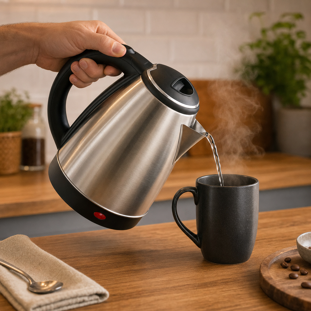 Chaleira Eletrica Inox Bruma Express servindo agua quente para cafe