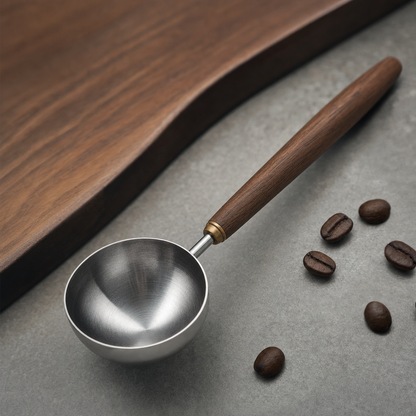 Colher Medidora de Café 25ml Barista Cabo em Madeira Nogueira - Detalhe inox e madeira