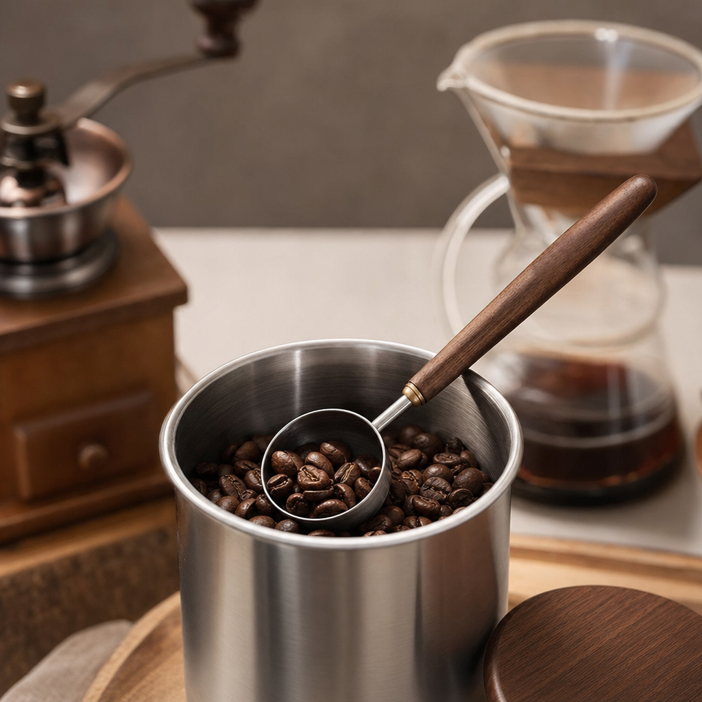 Colher Medidora de Café 25ml Barista Cabo em Madeira Nogueira - Medindo grãos