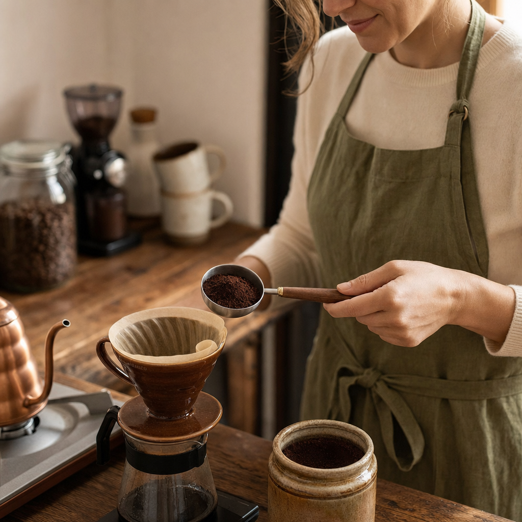 Colher Medidora de Café 25ml Barista Cabo em Madeira Nogueira - Pessoa usando