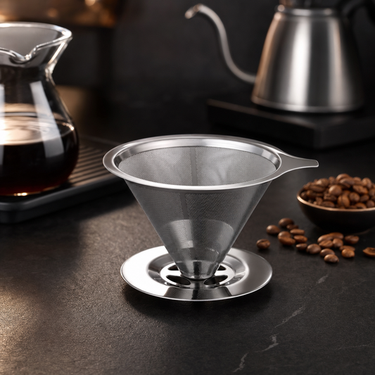 Filtro de Café Reutilizável Bruma em Aço Inox em bancada premium