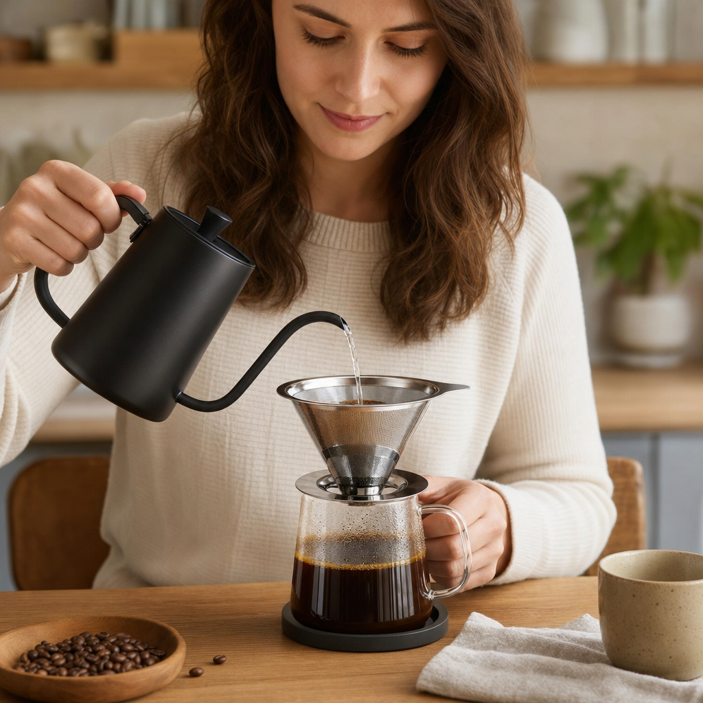Pessoa preparando café com o Filtro de Café Reutilizável Bruma em Aço Inox