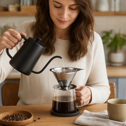 Pessoa preparando café com o Filtro de Café Reutilizável Bruma em Aço Inox