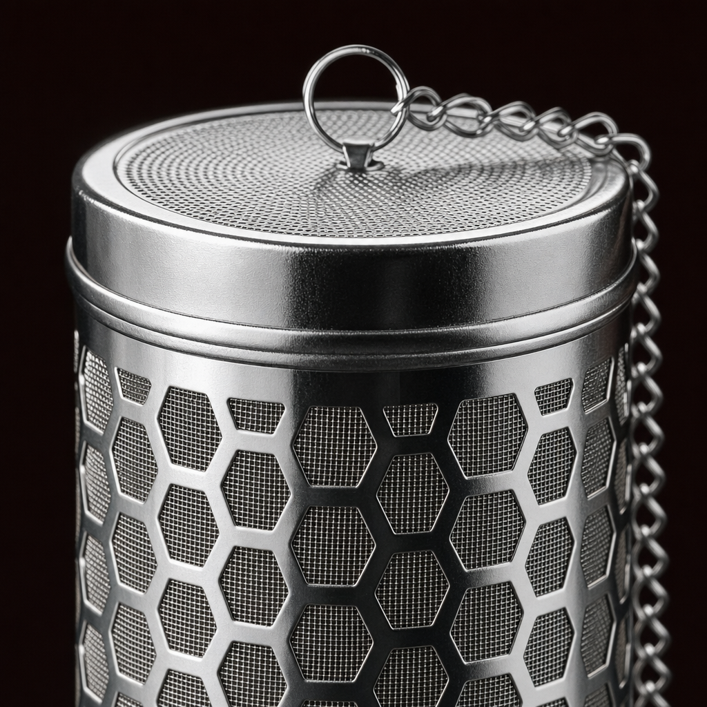 Infusor de Chá em Aço Inox Bruma Malha Fina com Corrente Longa - Detalhe da malha e colmeia