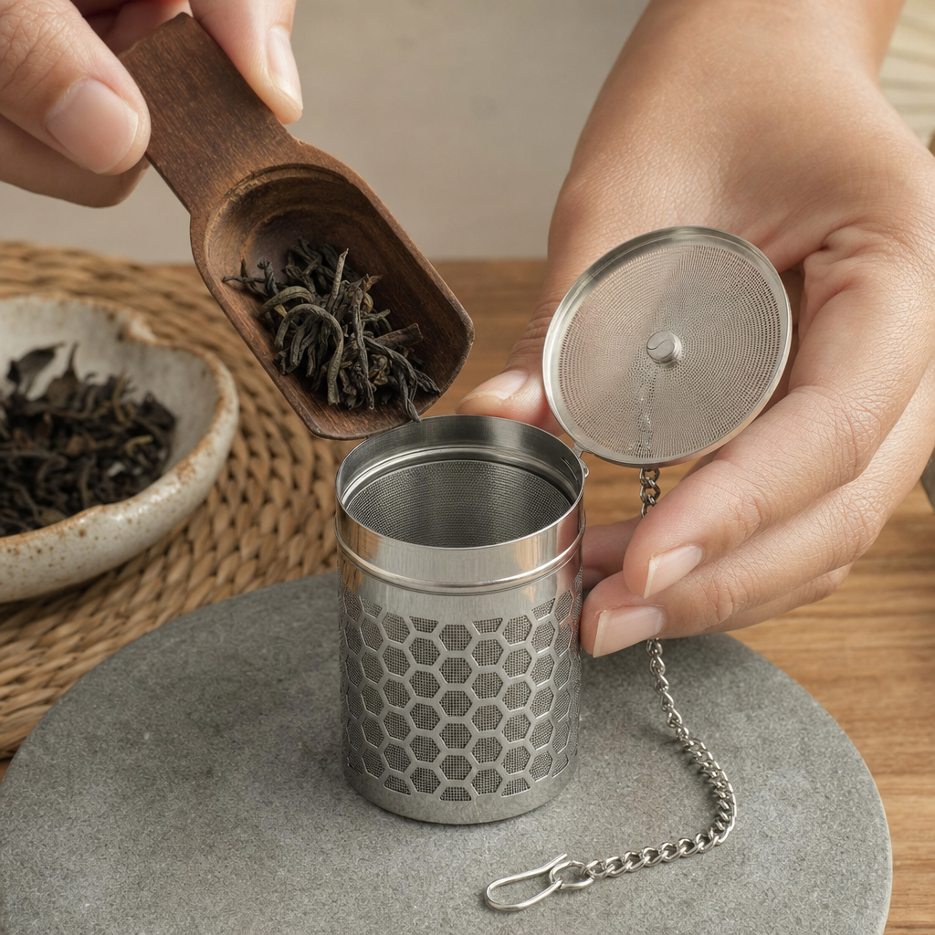 Infusor de Chá em Aço Inox Bruma Malha Fina com Corrente Longa - Pessoa usando