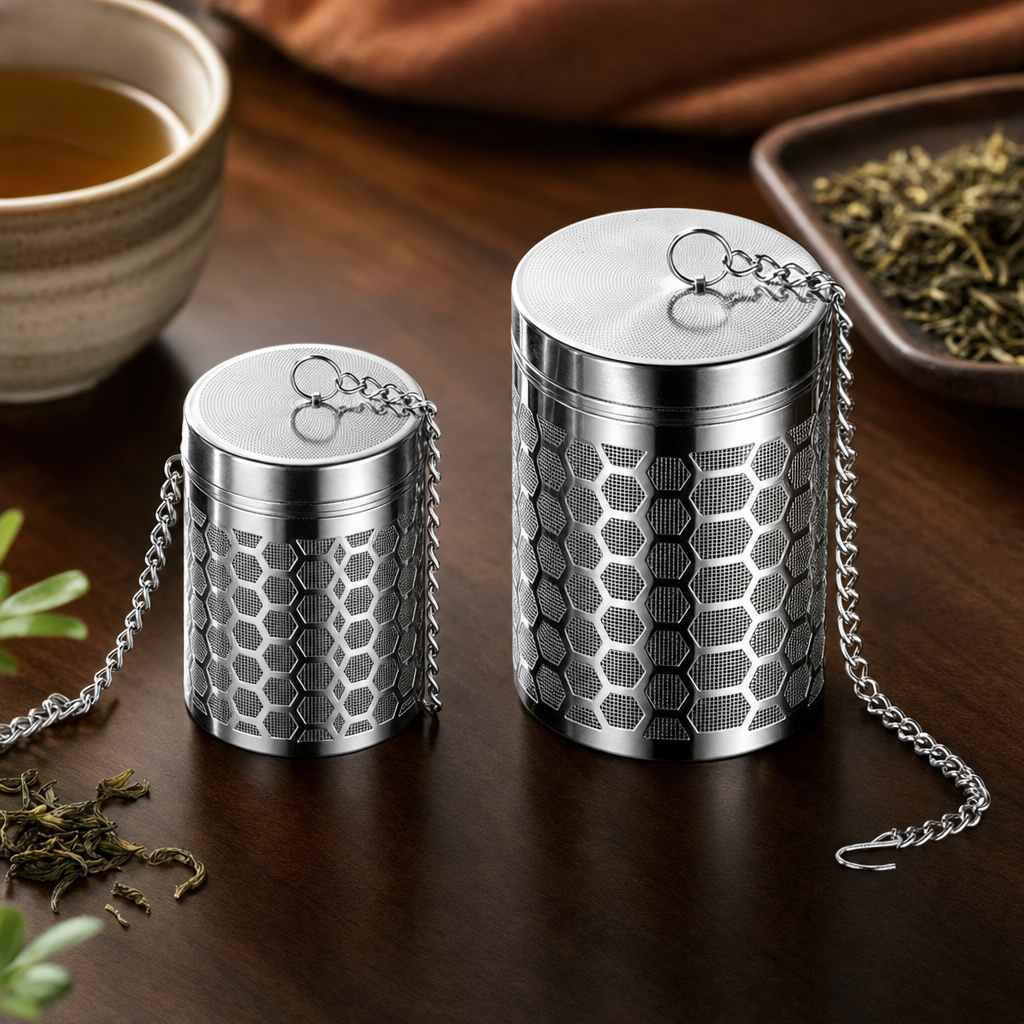Infusor de Chá em Aço Inox Bruma Malha Fina com Corrente Longa - Tamanhos pequeno e médio