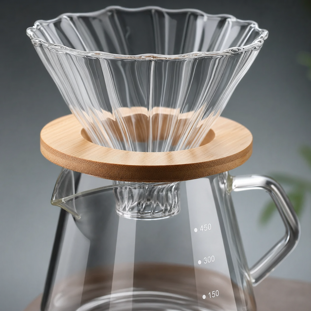 Jarra de Café com Filtro de Vidro Bruma - Detalhe do vidro e bambu