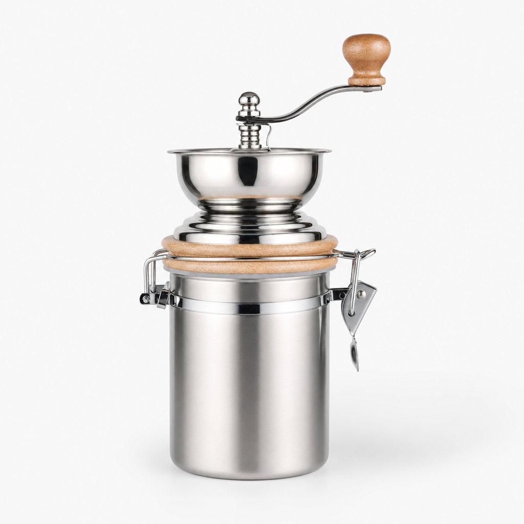Moedor de Café Manual Ajustável Bruma em inox com manivela de madeira