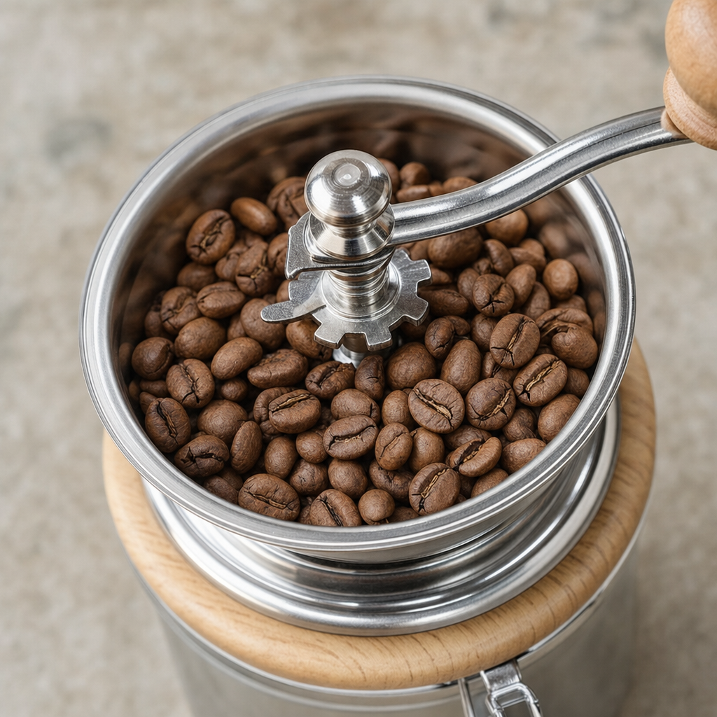 Detalhe do mecanismo e grãos no moedor de café manual Bruma