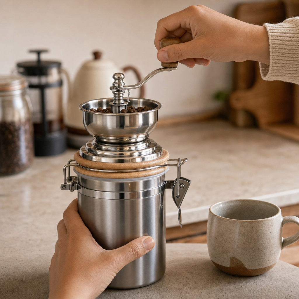 Moedor de café manual ajustável Bruma sendo usado com grãos frescos