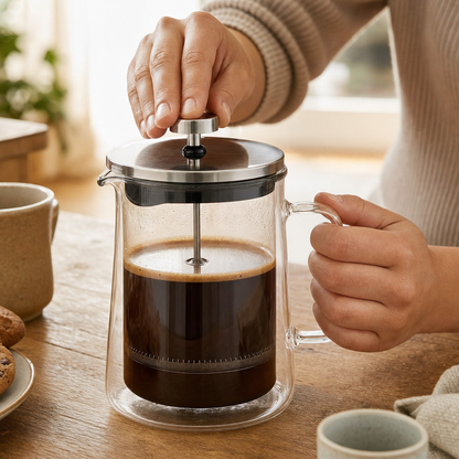 Mãos preparando café na Prensa Francesa de Vidro Duplo Bruma Doppio