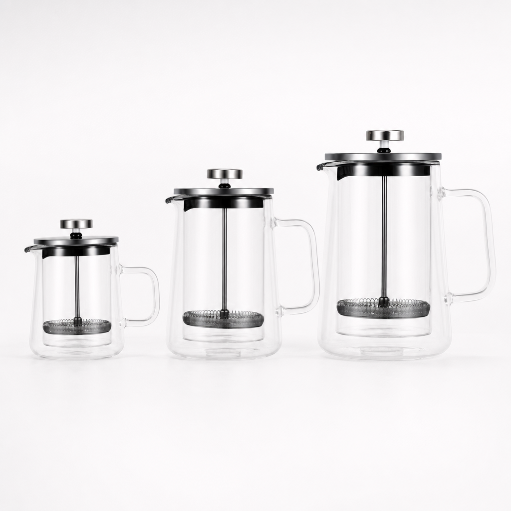 Prensa Francesa de Vidro Duplo Bruma Doppio nos tamanhos 350ml 650ml e 1000ml