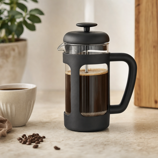 Prensa Francesa de Vidro para Café Bruma em bancada premium